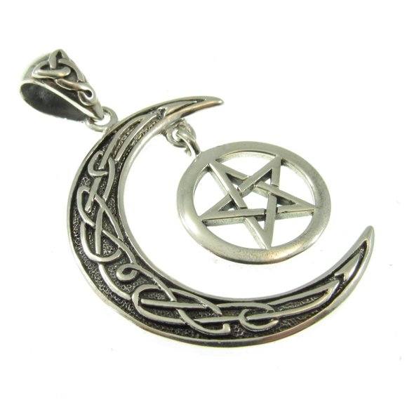 Handcrafted Solid 925 Sterling Silver Pentacle in Celtic Crescent Moon Pendant - Picture 3 of 5